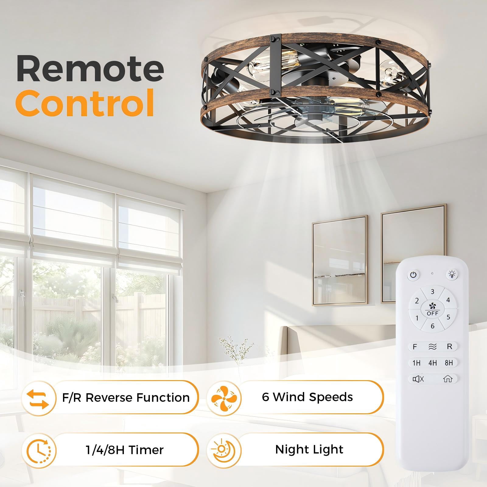 CONCETTA 22" Farmhouse Flush Mount Ceiling Fan with Lights, Quiet Bladeless Fandelier for Bedroom Kitchen, Remote Control Rustic Low Profile Caged Ceiling Fan, Gold