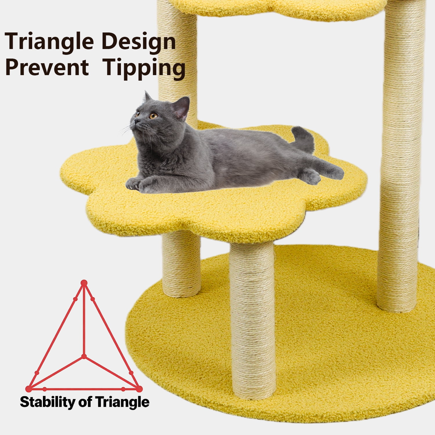 Daisy Flower Cat Tree, 3-Tier, Plush Perches, Sisal Scratching Posts, Yellow Color, 26" Base