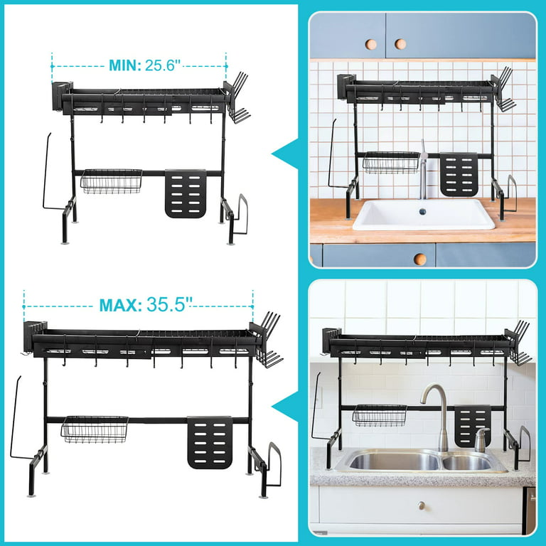 Oyang Over Sink Dish Drying Rack with 6 Free Hooks, Double Thick 304  Stainless Steel Rustproof Dish Drainer with Cutting Board Utensil Holder 