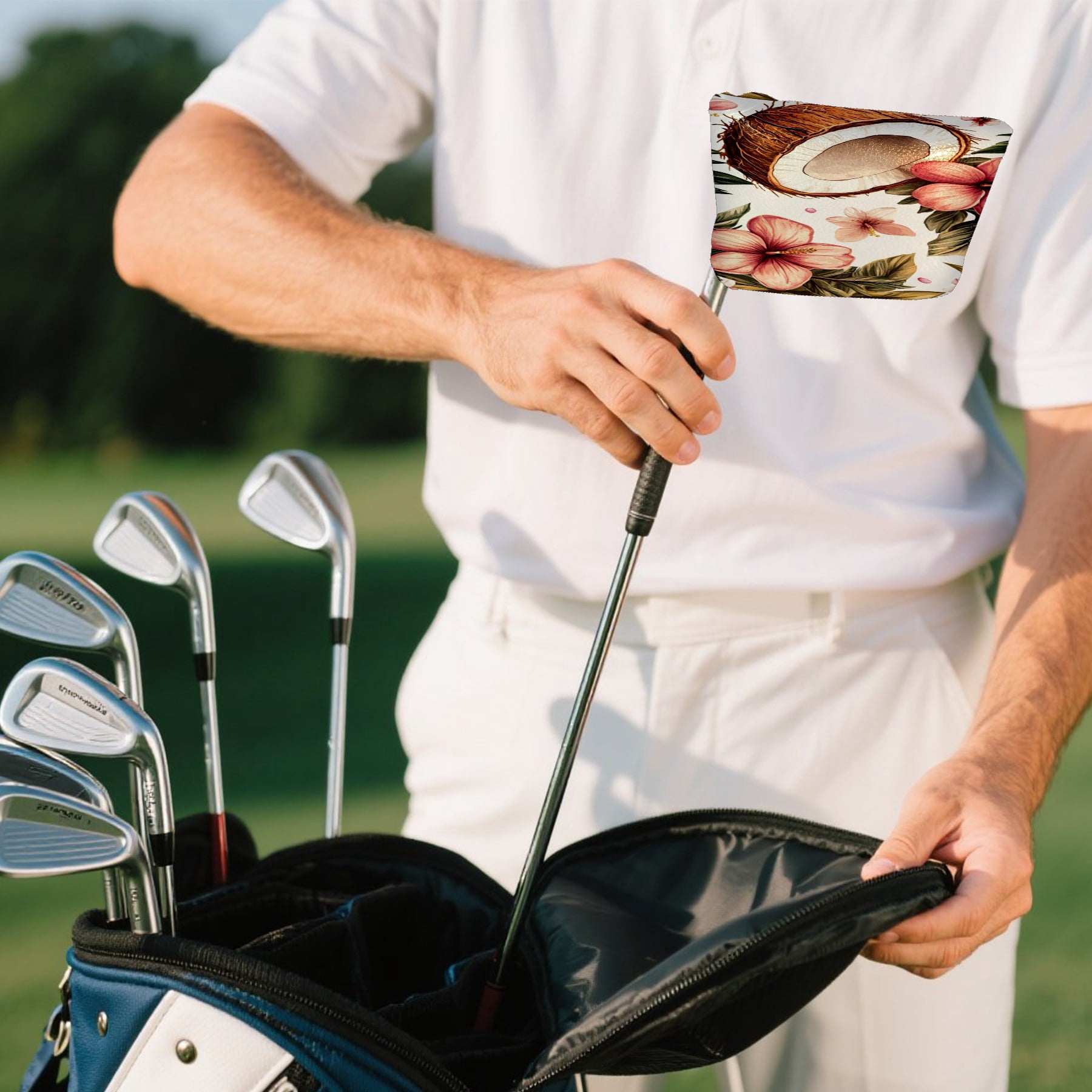 Golf Mallet Putter Cover Premium Leather Waterproof Golf Putter Head Cover with Magnetic Closure Coconut Flowers