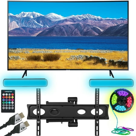 Samsung UN55TU8300 55" HDR 4K UHD Smart Curved TV Bundle with Monster TV Full Motion Wall Mount for 32"-70" with 6 Piece Sound Reactive Lighting Kit