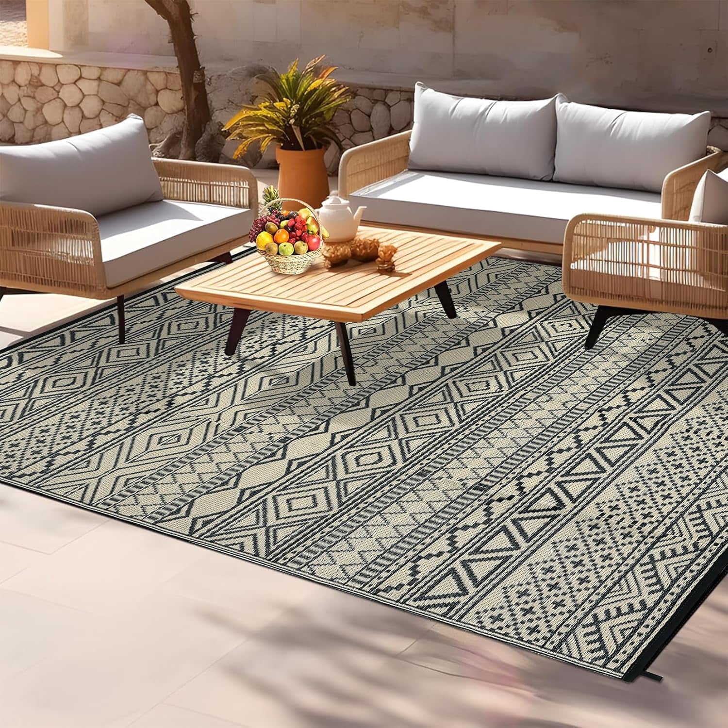 Twister.CK 9' x 12' Plastic Outdoor Rugs, Waterproof Bohemia Straw Rug Reversible Outside Carpet for Patio Deck Porch Backyard Camping Picnic Beach, Black & Brown