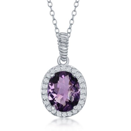 TheJewelryHut Fancy Designer Sterling Silver Oval Amethyst with White Topaz Boder Necklace