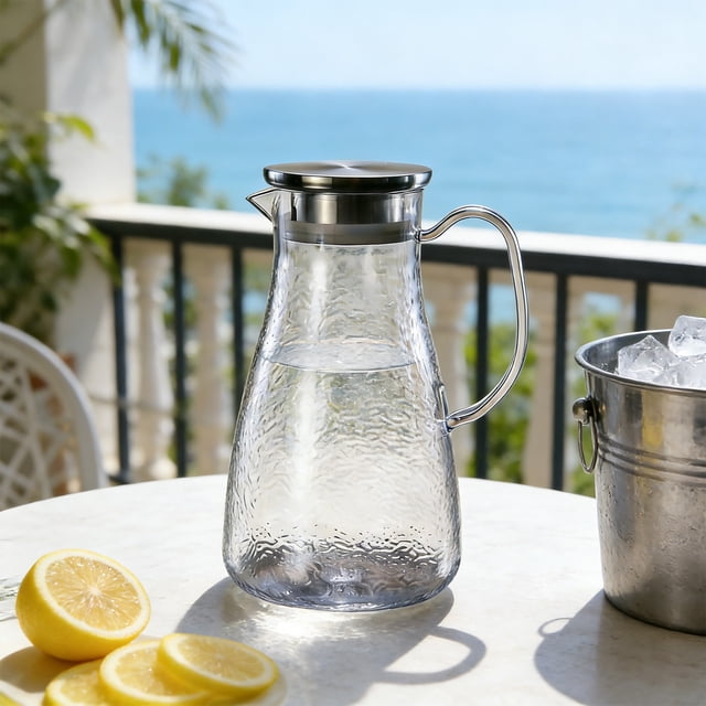 Acrylic Striped Kettle, Cold Beverage Pitcher With Stainless Steel Lid and Strainer, for Serving Iced Tea, Clear