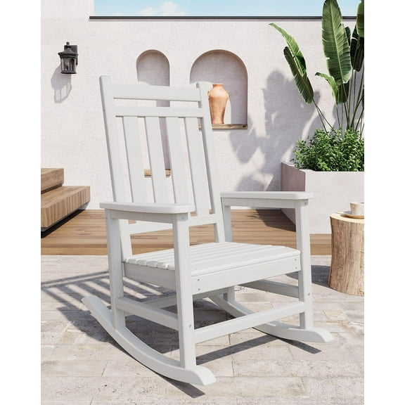 Rocking Adirondack Chair Outdoor, HDPE High Back Porch Rocker Chairs for Adults, All Weather Resistant Furniture for Patio, White