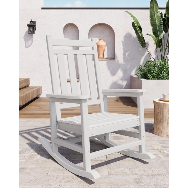 HDPE Outdoor Rocking Chair, High Back Patio Rocking Chairs with Wide Armrests, All Weather Porch Rocker for Lawn, Garden, Deck, 380 Lbs Weight Capacity, White