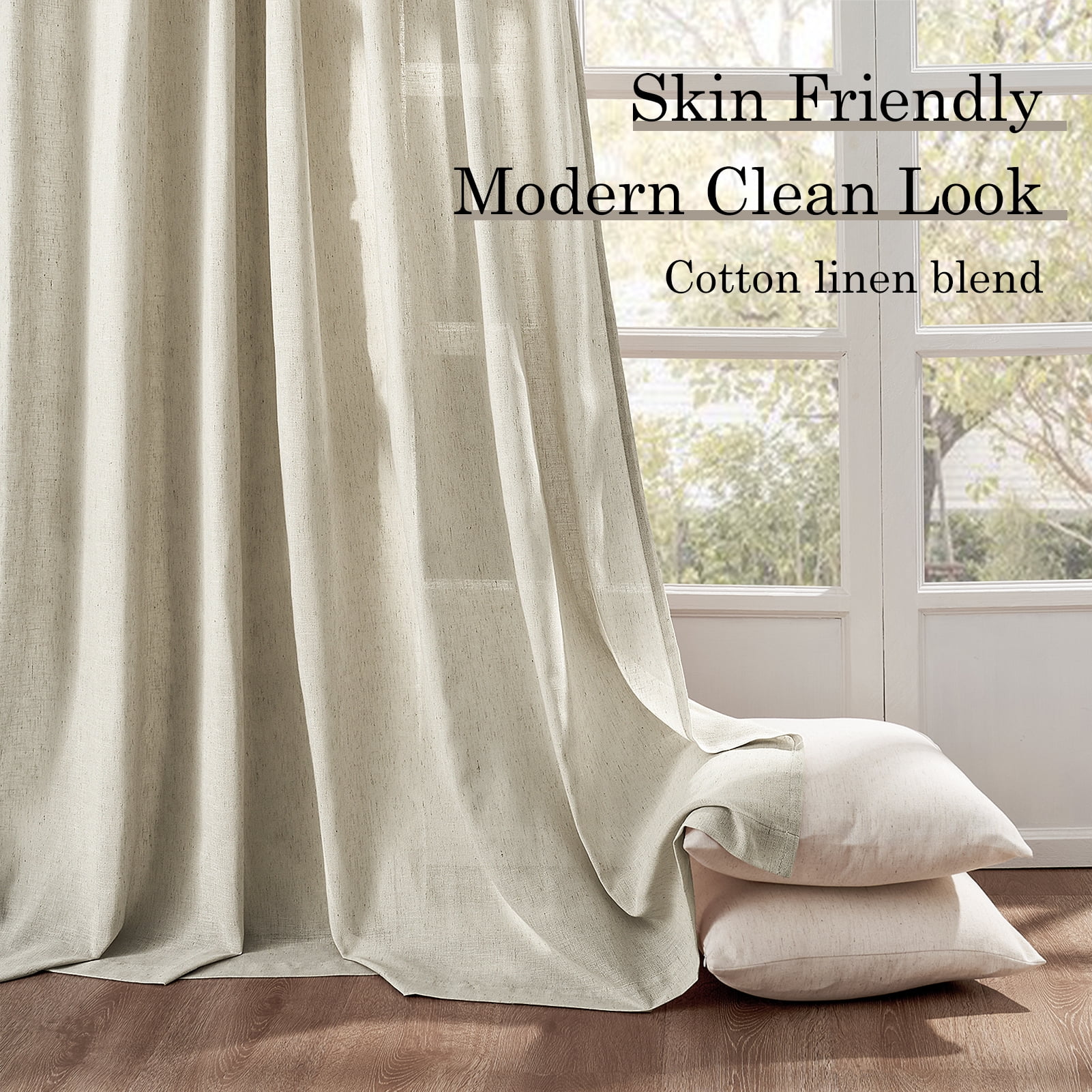 Jainmy Oatmeal 96 Inch Long Linen Semi Sheer Curtains 2 Panel Set,Light Filtering Curtain Window Curtains Drapes for Living Room Bedroom,52"x96"