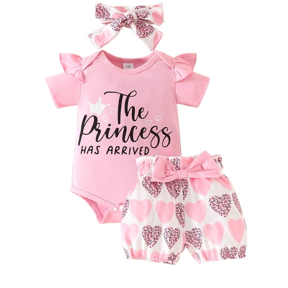 HWJAD Princess Has Arrived Baby Clothes Girl Newborn Infant Girls Summer Outfit Short Sleeve Romper Love Heart Short Headband Set