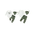 thumbnail image 2 of Baby Toddler Boy Fall Outfit, 0 3 6 12 18 Months Letter Print Long Sleeve Romper Elastic Waist Camouflage Pants Hat 3 Piece Christmas Clothing Set, 2 of 9