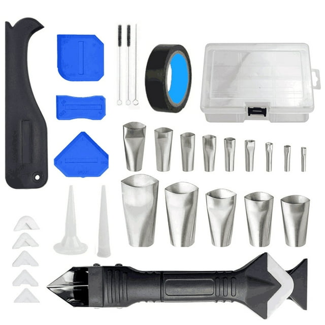 Graflsoa 32-Piece Multi-Purpose Caulking Tool Kit with Stainless Steel Nozzles, Scrapers, Brushes, and Storage Box for Kitchen, Bathroom, and Window Maintenance