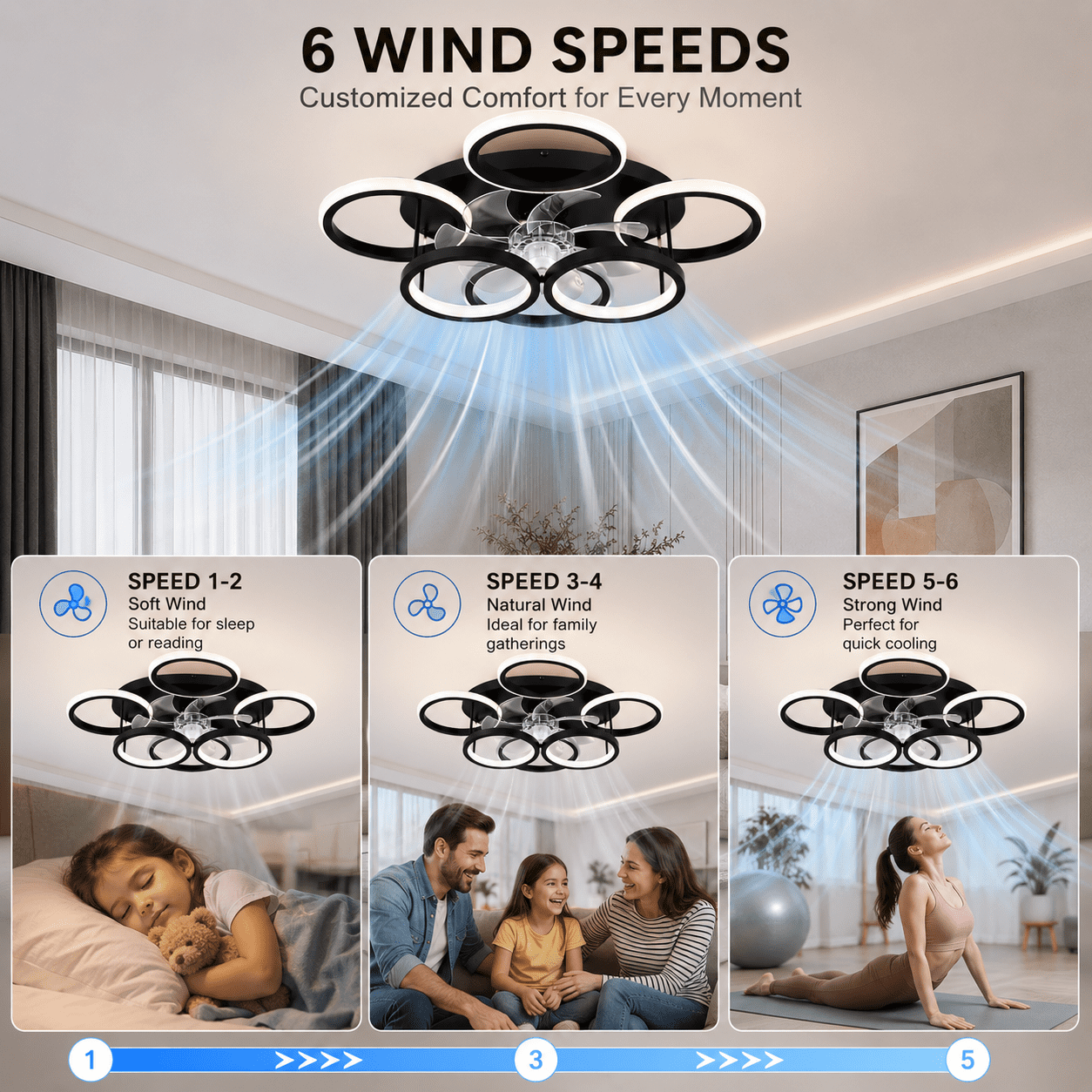 Garwarm 24.8" Black Ceiling Fan with Lights and Remote, Low Profile Flush Mount Fandelier, 6-Speed Reversible Ceiling Fan, Dimmable LED Light 3000K-6500K for Bedroom, Living Room