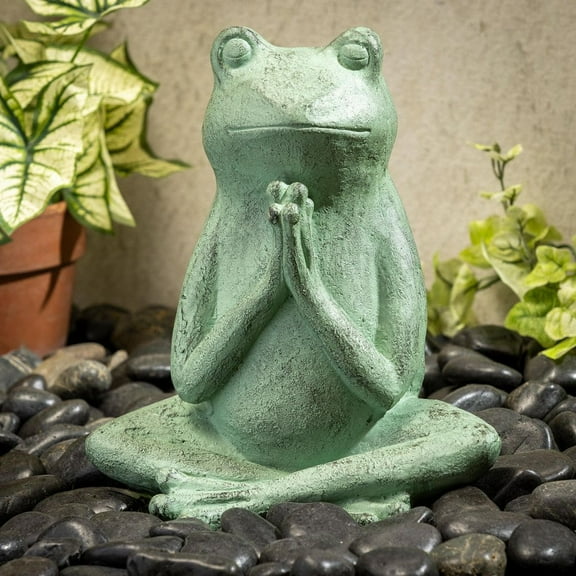 11 in. H Verdigris Resin Praying Frog Garden Statue