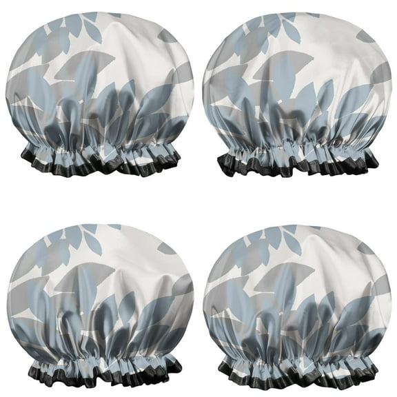 Shower Caps,Blue and Gray Floral Pattern Waterproof Shower Cap for Women 4 Pieces,Double Reusable Hair Cover for Shower PEVA Elastic Stretch Hem