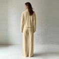thumbnail image 4 of Women's 2 Piece Tracksuit Set Half Zip Collared Top Contrast Stripe Elastic Waist Wide Leg Pants Loose Fit Relaxed Comfortable Casual Outfit for Fall Winter Everyday Wear Beige_#1 L, 4 of 4