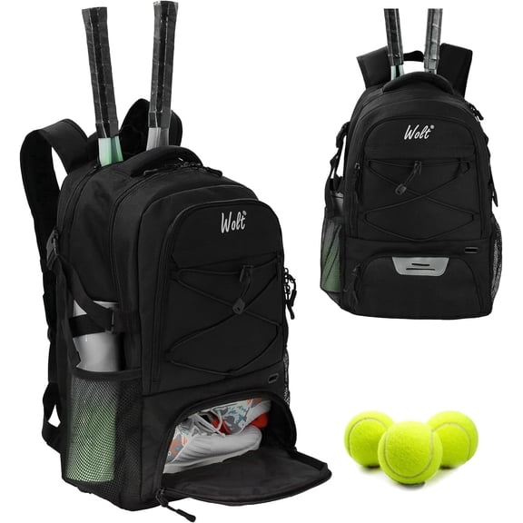 WOLT Tennis Racquet Sports Backpack Bag, 34L Capacity, Polyester with Ventilated Shoe Compartment, Black