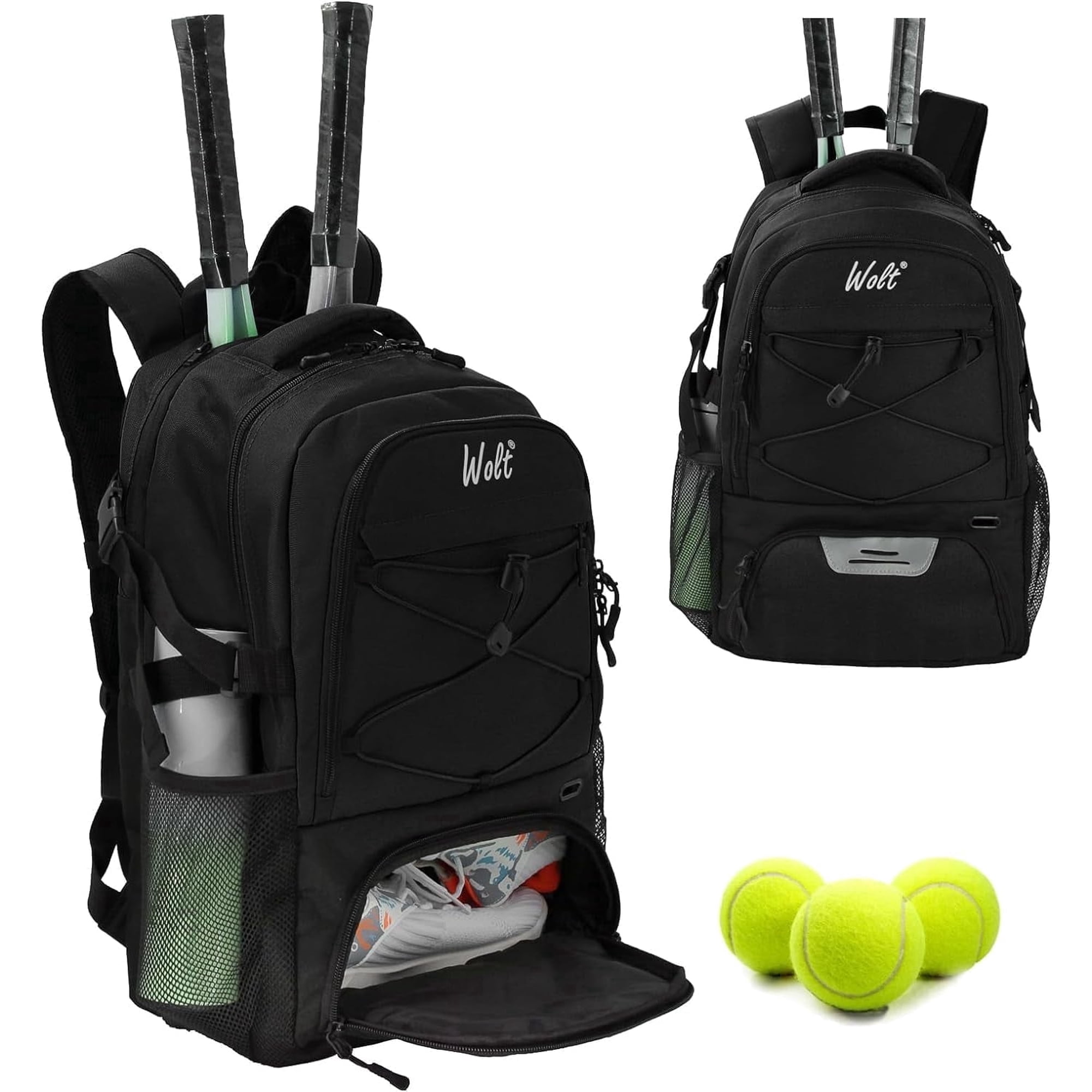 WOLT Tennis Racquet Sports Backpack Bag, 34L Capacity, Polyester with Ventilated Shoe Compartment, Black