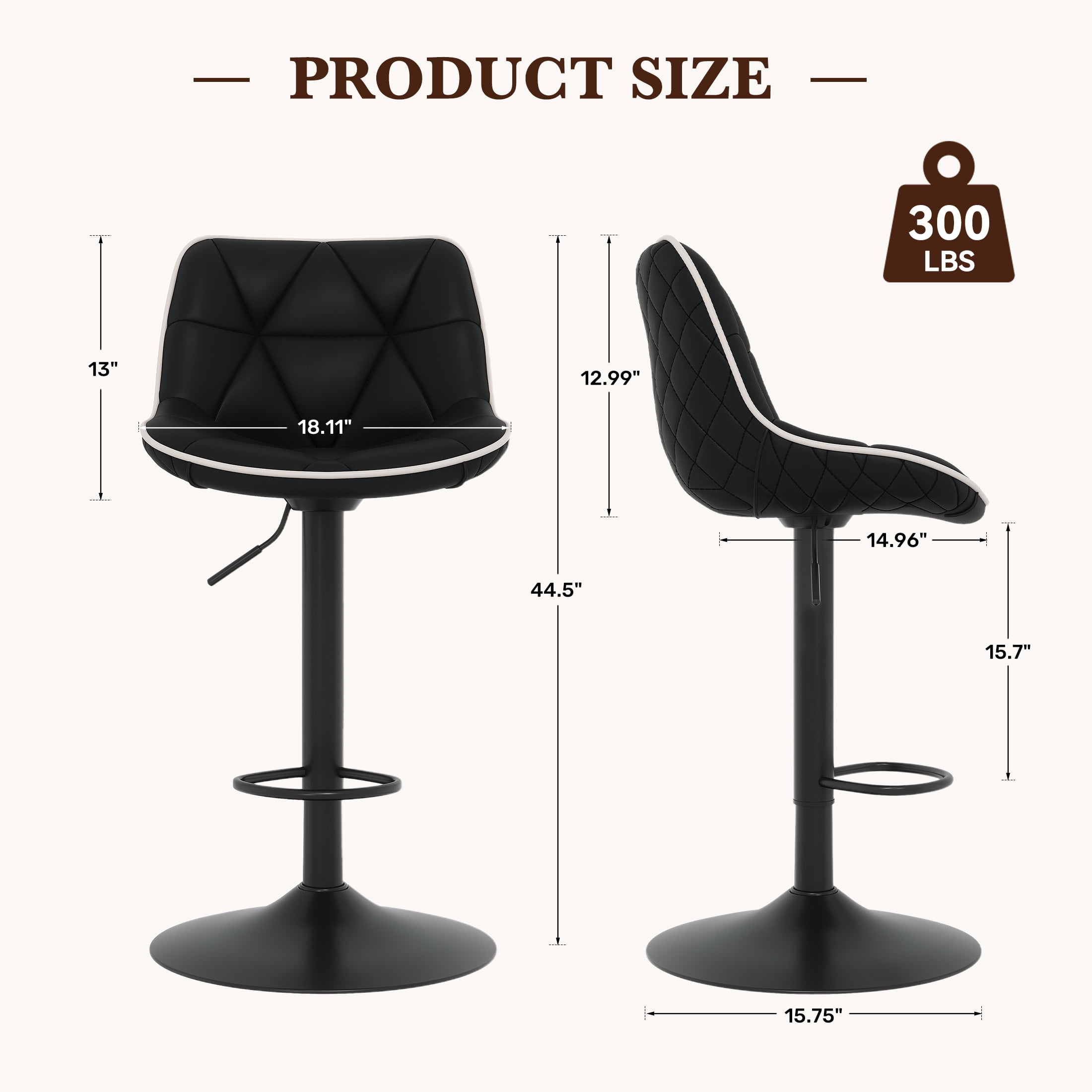 Hawsaiy Bar Stools Set of 4, Adjustable Swivel Counter Height Bar Stools with Back, Upholstered Modern Barstools with Diamond Stitching, Black