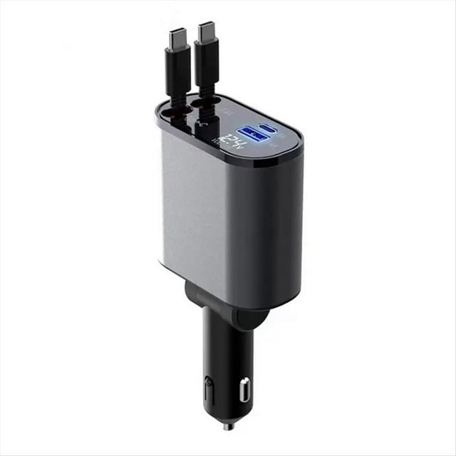 Cargador Retráctil para Automóvil Cargador Rápido 4 en 1 con Cables Duales Tipo C y 2 Puertos de Carga con Pantalla de Voltaje