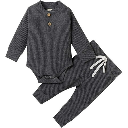 

GRNSHTS Newborn Baby Boys Girls Clothes Ribbed Knitted Cotton Long Sleeve Romper Long Pants Solid Color Outfits (Dark Grey 6-12 Months)