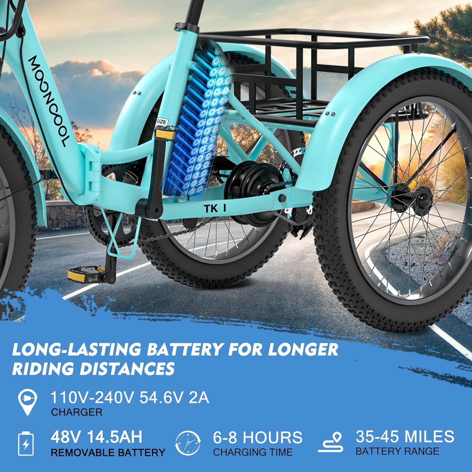 Mooncool 20" x 4" Fat Tire Electric Tricycle for Adults, Electric Trike with Front & Rear Basket, Peak 1100w Motor 48V Removable Battery, 3 Wheel Electric Bicycle for Men Women Senior