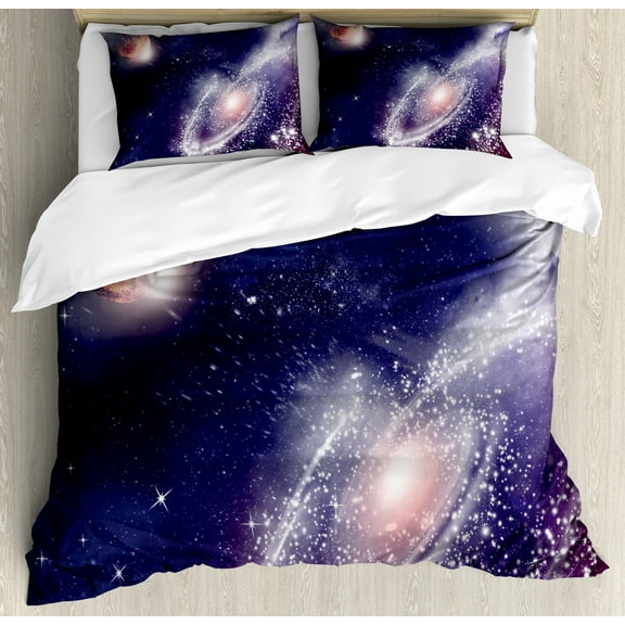 Universe Duvet Cover Set, Nebula and Planet Cosmic Galactic Outer Space Night Sky Starry Fantasy, Decorative 3 Piece Bedding Set with 2 Pillow Shams, King Size, Navy Blue White Coral, by Ambesonne