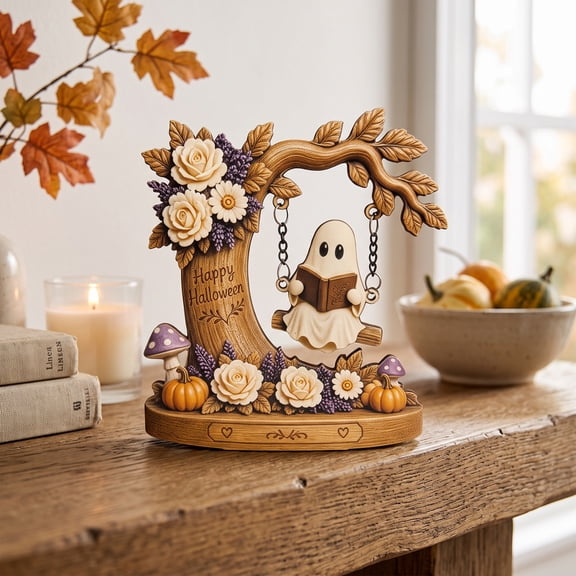 romoty Halloween Wooden Ghost Swing Decor, Reading Ghost on Tree Swing 5.91 Inch Floral Tabletop Statue Figurine for Fireplace Mantel