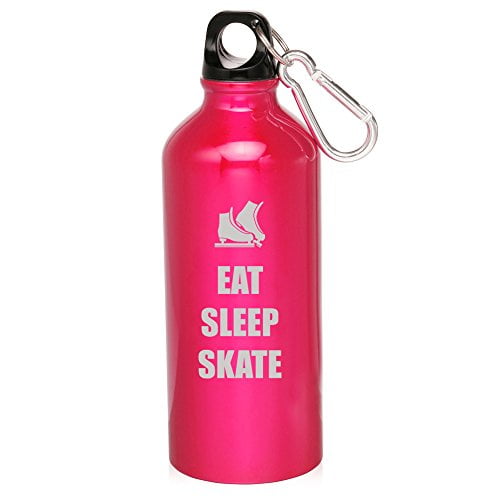 20oz Aluminum Sports Water Bottle Caribiner Clip Eat Sleep Skate Ice Skates (Hot Pink) by