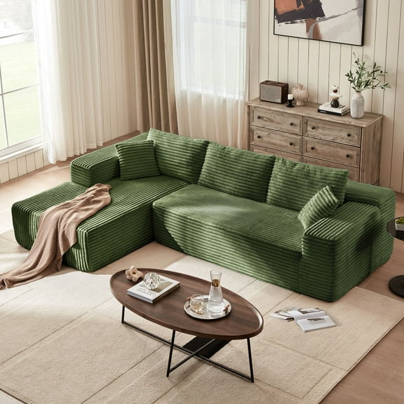 Linsy Home 106" Oversized Modular Sectional Couches For Living Room, L-Shaped Cloud Sofa Couch With Corduroy Fabric, Comfy Boneless Couch With Deep Seat, No Assembly Required, Green