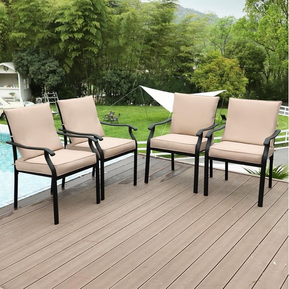 4 Pieces Patio Dining Chairs, Outdoor Metal Chairs with Armrests & Cushion, Metal Frame Stackable Patio Dining Chairs, Wrought Iron Outdoor Chairs for Garden, Balcony, Deck (4 Pieces)
