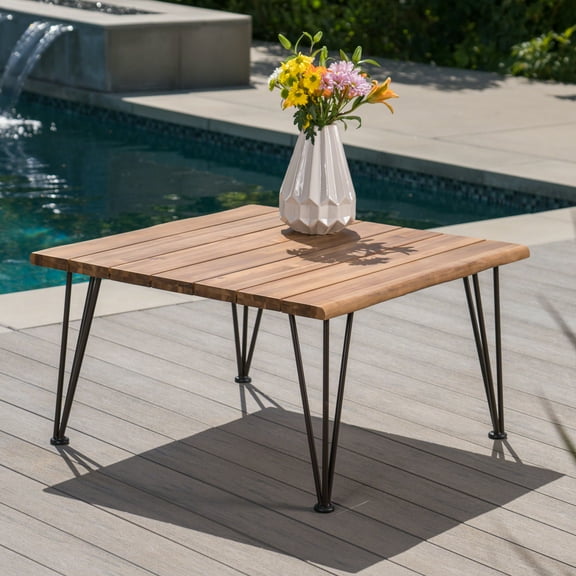 Outdoor Industrial Acacia Wood Coffee Table with Finish Iron Frame,Rustic,Teak