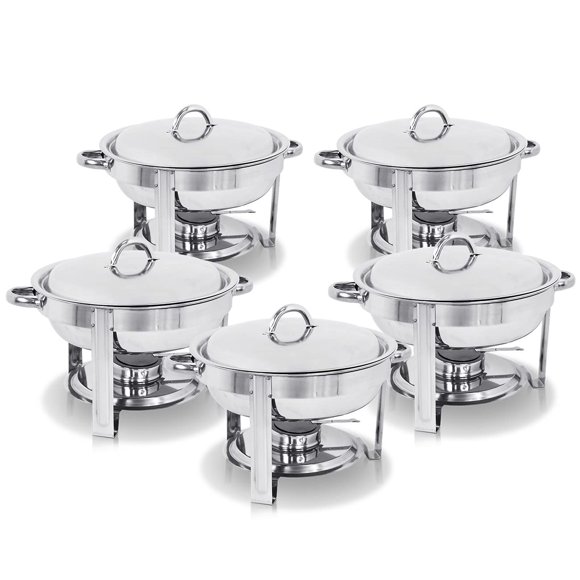 SUPER DEAL Pack of 5 Deluxe Full Size Round Durable Frame 5 Qt. Stainless Steel Chafing Dish, Dinner Serving Buffer Warmer Set