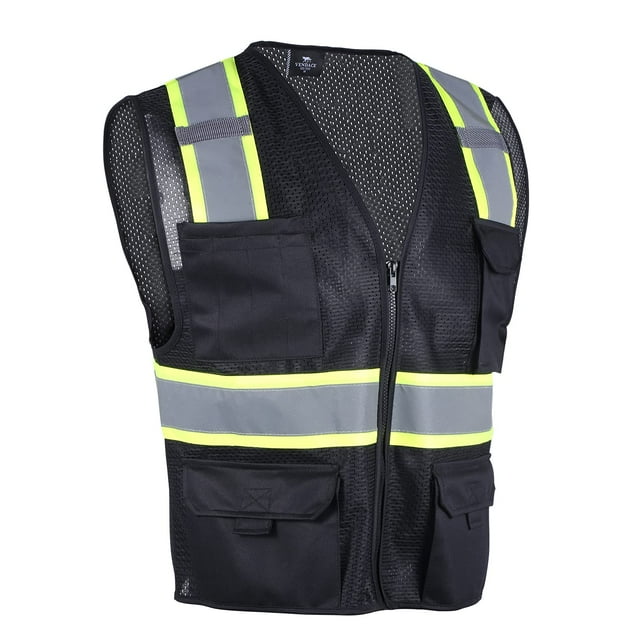 Vendace Hi Vis Safety Reflective Mesh Vest For Men Ansi Class 2 High Visibility Vest With 8 Pockets And Zipper(Black M)