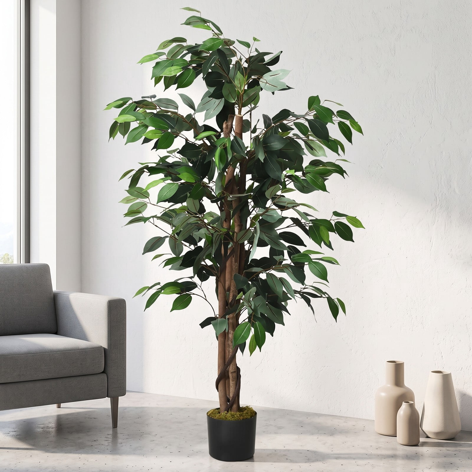 ALPULON 4 Feet Artificial Ficus Silk Tree, Indoor Outdoor Faux Ficus Plant with 504 Leaves, Hardwood Trunk and Cement Base Potted Fake Tree for Home Office, Green