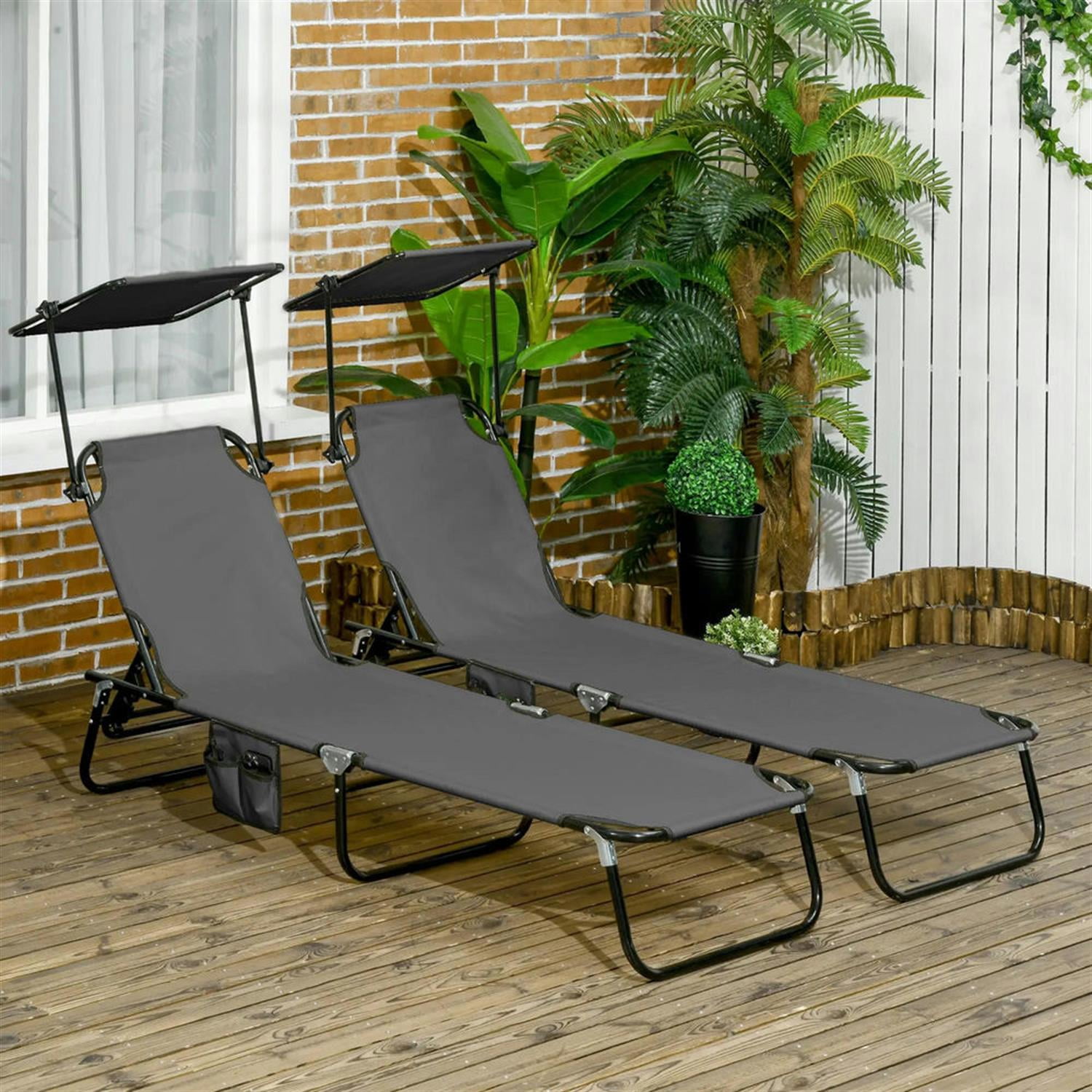 Demi Bonn Folding Pool Chaise Lounge Chairs Set of 2 with Sunshade, Reclining Back, Durable Steel Frame Relaxation, Weatherproof Outdoor Patio Seating, Gray