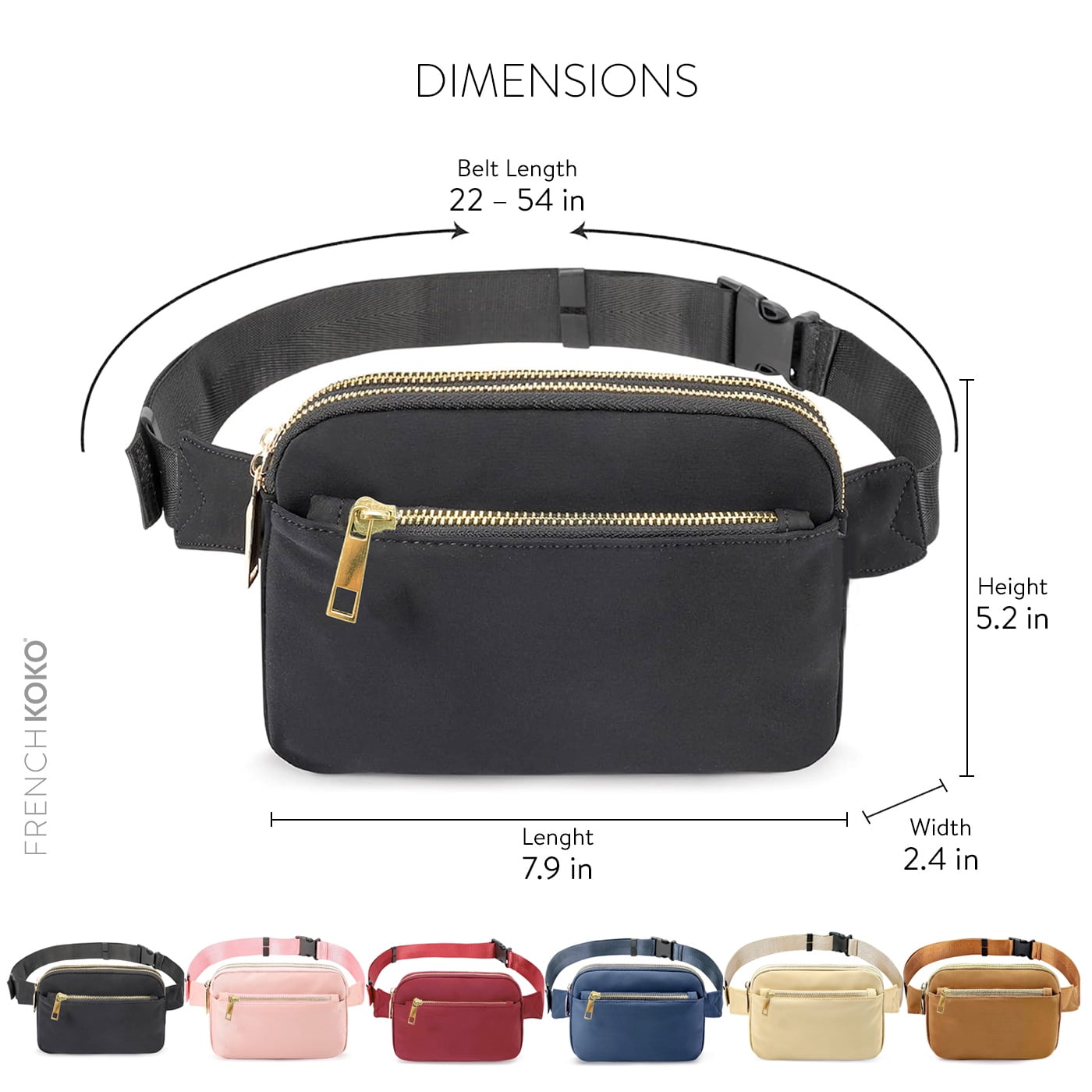French KOKO Fanny Packs for Women Men Belt Bag with 5 Zipper Pockets Fashion Waist Pack Crossbody Bag with Adjustable Belt for Travel Shopping