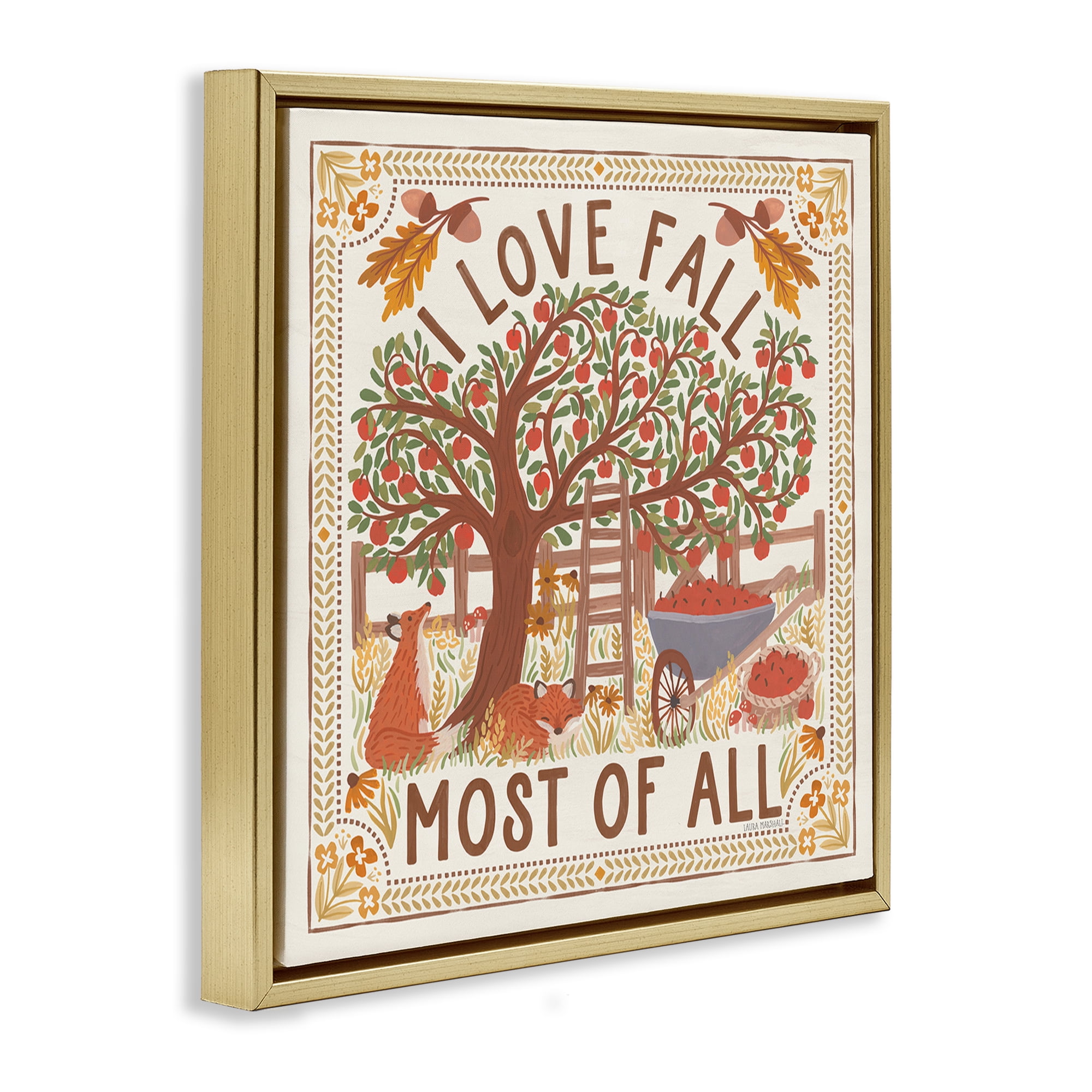 Stupell Industries Love Fall Scenery Landscape Painting Gold Floater Framed Art Print Wall Art, 18 x 18