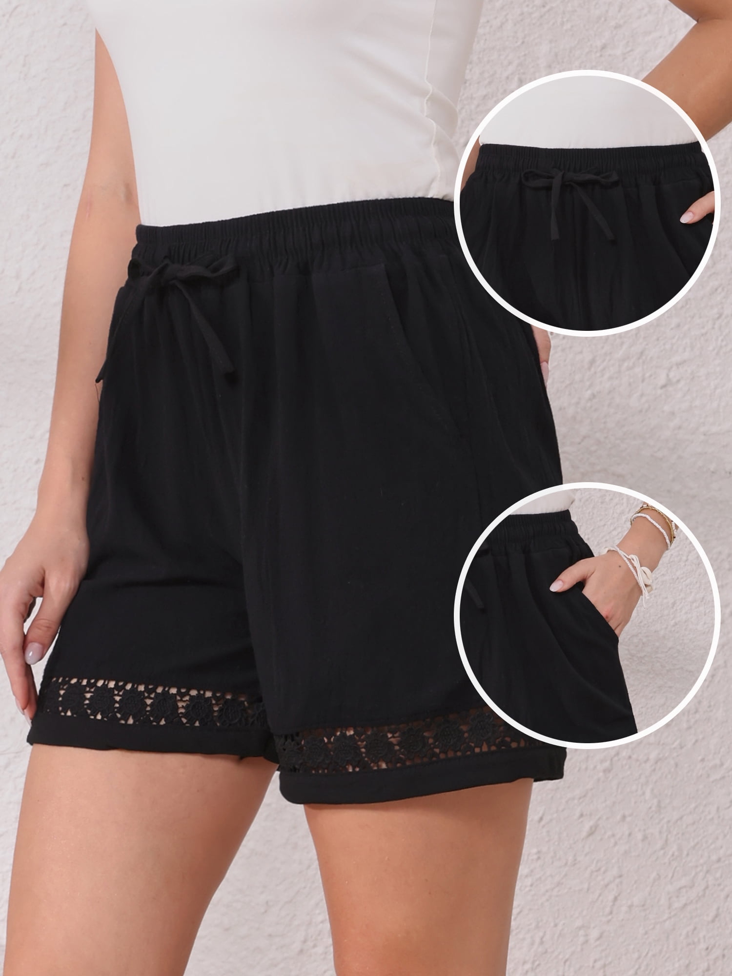 DARING DIVA Women's Beach Drawstring High Waisted Shorts with Pockets M Black