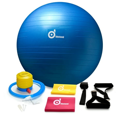 Aqua Fitness Exercise Set Odoland Yoga Exercise Ball / Balance Ball / Stability Ball Great for Yoga, Fitness, Core Strength Training – Anti Burst & Extra Thick (65 cm, Blue) with 2 Sets Resistance Loop Bands ()