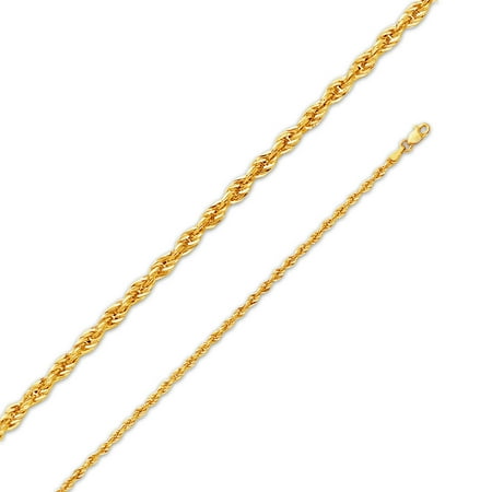 14k Yellow Gold 2.5mm Diamond-Cut Hollow Rope Chain Necklace with Secure Lobster Claw Clasp 20"