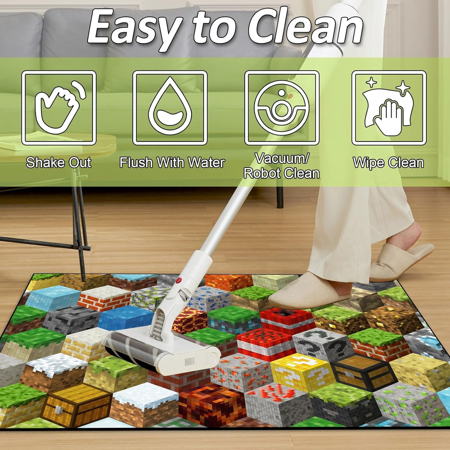 Block Game Rug Teen Boys Carpet with Pixel Game Element Decoration Mat, Cube Block Game Rugs for Boy's Bedroom Bathroom Living Room Playroom, Non-Slip Children Gaming Area Rugs (63" x 47")