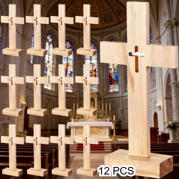 12 Unfinished Wooden Cross Stands - Hollow Cross Center Decorations, Cross Crafts Suitable for Church Events, Baptisms, School Activities, And First Communions, Easter Gifts