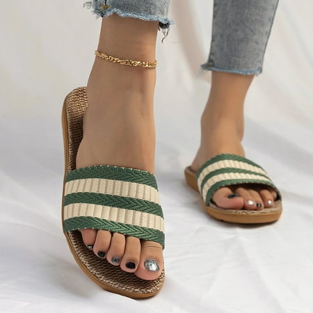 

Sandals Slippers For Women Female Stripe Bohemia Flax Linen Flip Flops Beach Shoes Sandals Slipper