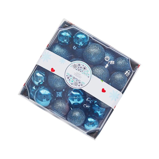 fiudx adornos para árbol de navidad, juego de bolas de colores vibrantes, 28 piezas; vista cenital de caja transparente con esferas PVC multicolor (predominantemente azul) en acabados brillantes y escarchados, ganchos plateados y banda blanca decorativa en el empaque; a menudo se usan también como adorno de mesa o en coronas.