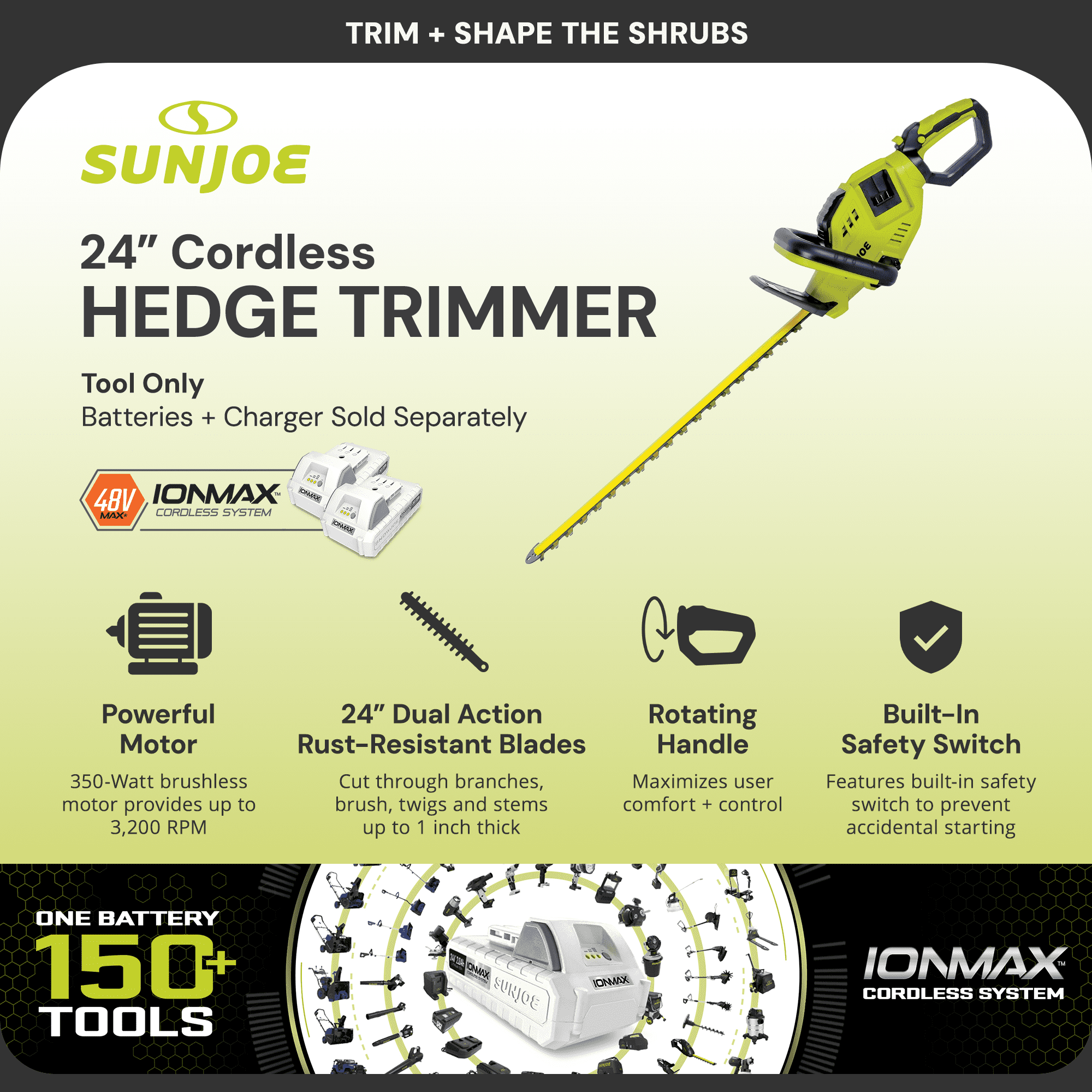 Open Box Sun Joe 24" Cordless Battery Hedge Trimmer Tool, 24V-X2-24HT-CT