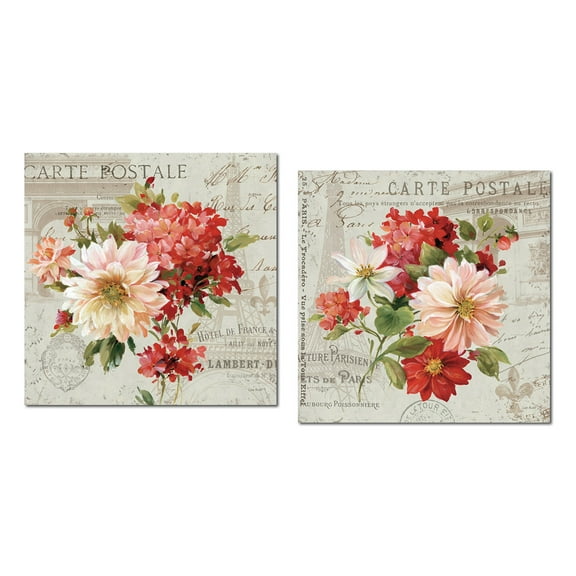 Lovely French Carte Postale Pink and Red Floral Set by Lisa Audit; Two 12x12in Paper Posters