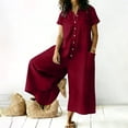thumbnail image 3 of Vhkiploz A-Line Linen Jumpsuit For Women's One Piece Button Wide Leg Maxi Summer Sweatsuits Beach Vacation Travel Athletic Outfit Sets V-Neck Short Sleeve Solid Outwear Beach Rompers With Pockets, 3 of 7