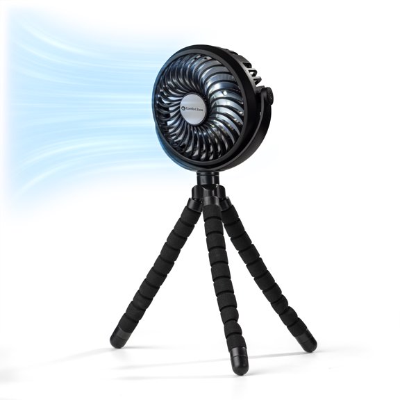 Comfort Zone 4” Tri-Pod Stroller Fan, 3-Speed, Rechargeable, Flexible, Mini, Portable, 2-3 Hour Charge Time, Secure Hold, Black