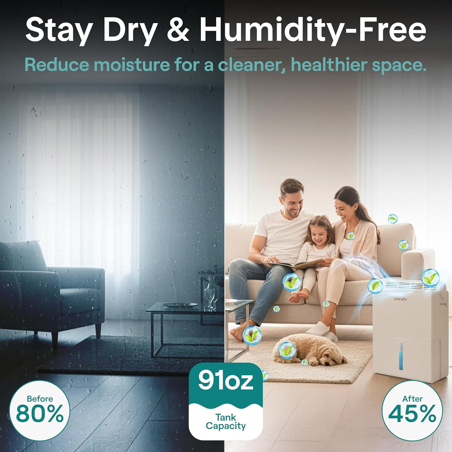 SereneLife 91 Oz Home Dehumidifier – Quiet Bedroom, Bathroom & Basement Moisture Remover with Drying Base, Timer, Sleep Mode & Smart Humidity Control, Covers Up to 1200 Sq Ft (White, 9 x 6 x 13 In)