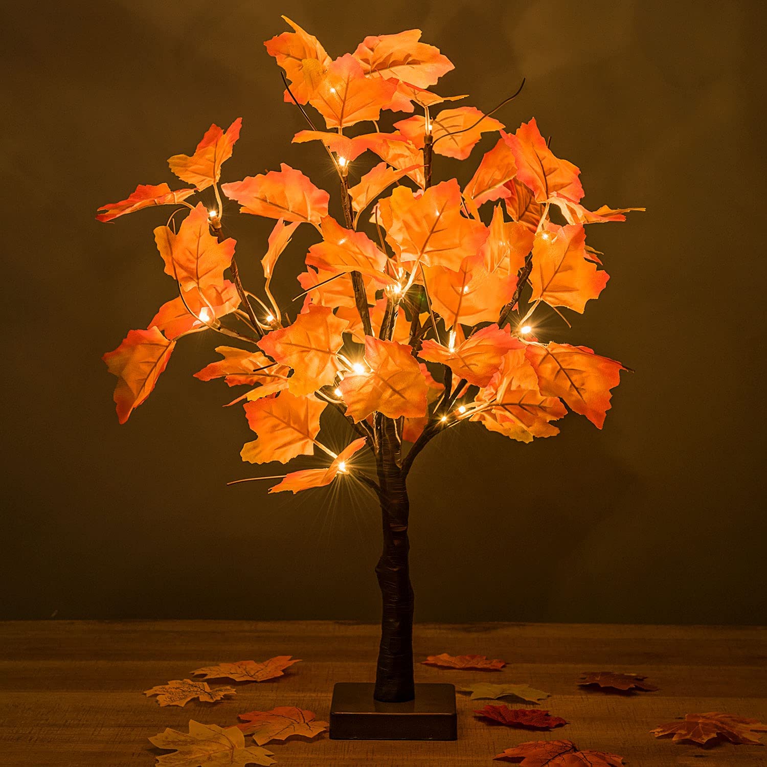 QWZNDZGR 23 inch Lighted Fall Maple Tree, Battry Operated Tabletop