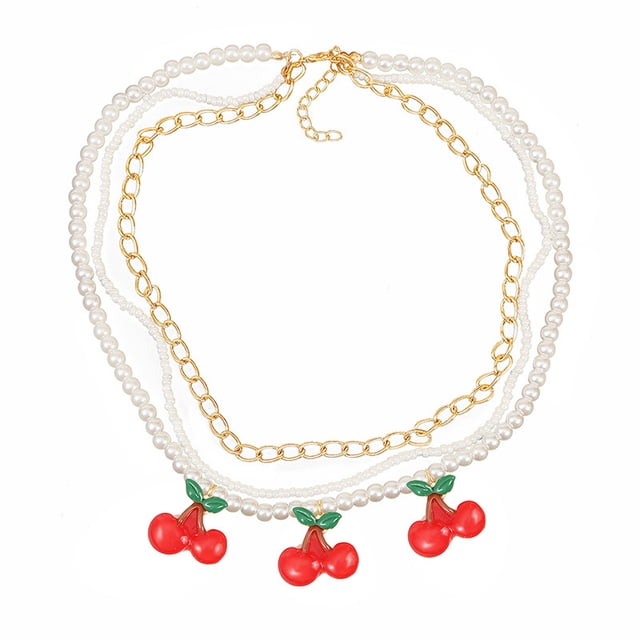 Collier Multicouche Mode Fausse Perle Collier Cerise Collier de Perles pour Femmes
